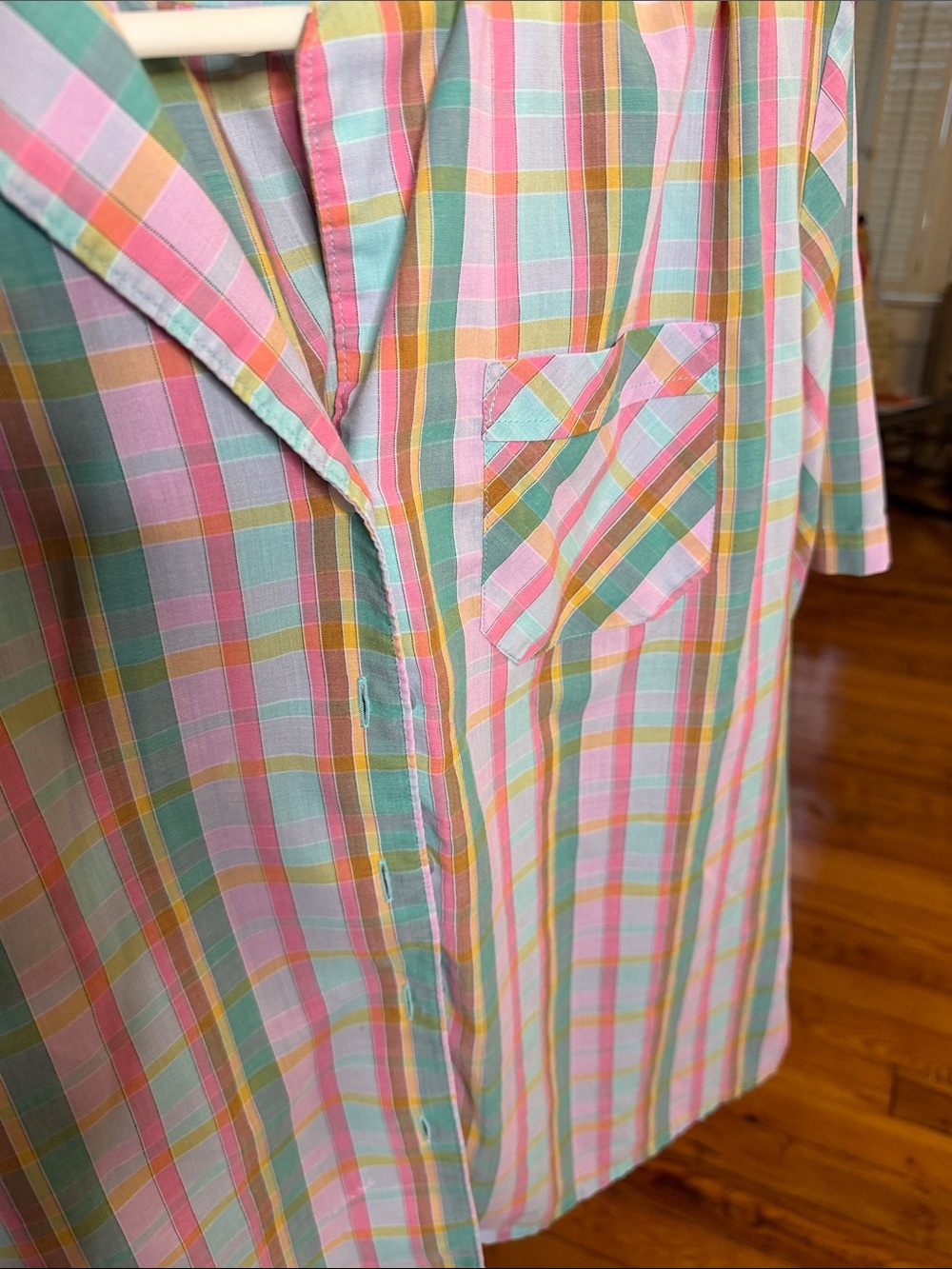 Vintage Pastel Plaid Short-Sleeve Shirt - Pink, Blue & Green - Picture 3 of 3